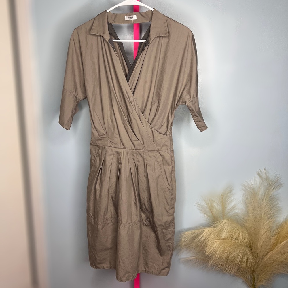 Gunex Tan Sheath Dress with Notched Collar and Cuffed Sleeves size 4